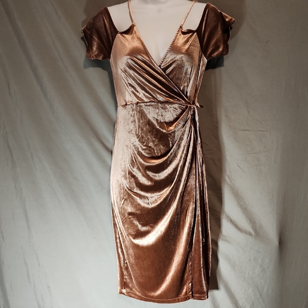 Astr Rose Gold Velvet Wrap Midi Dress